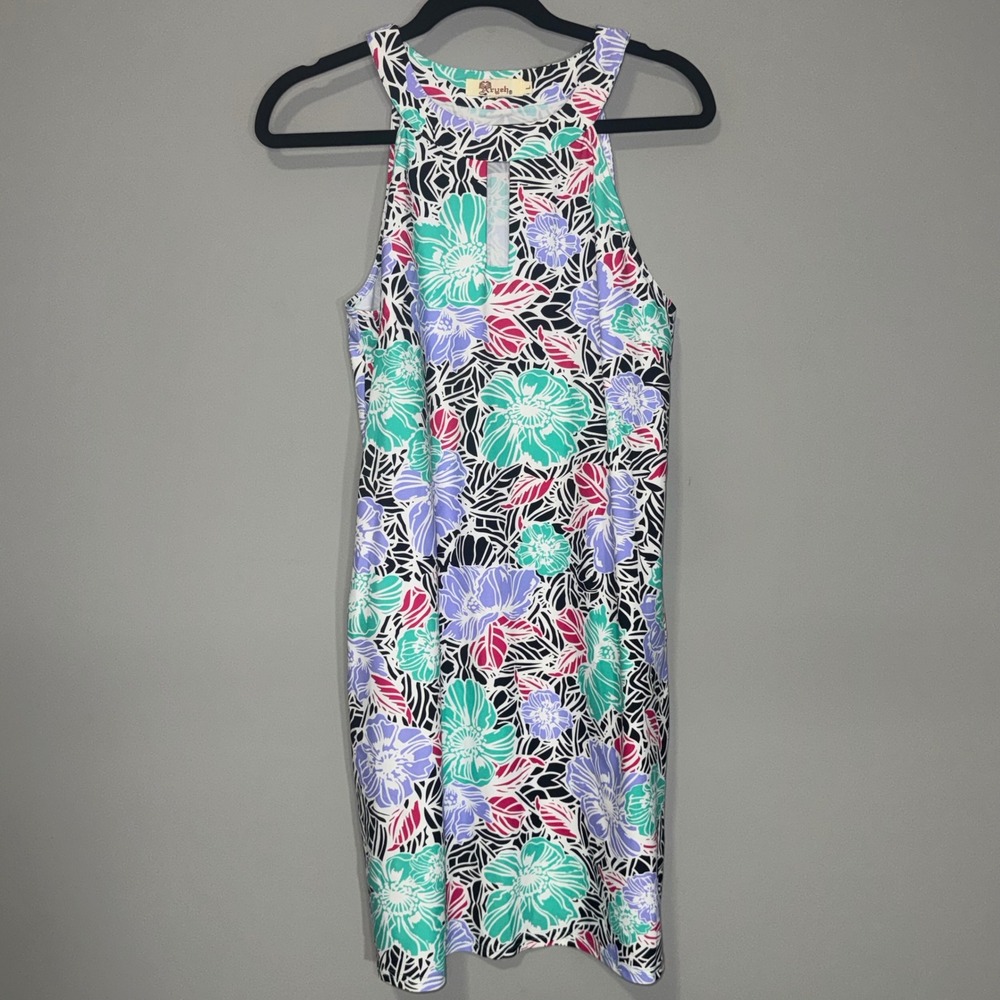 Aryeh Womens Floral Halter Keyhole Mini Dress Multicolor Tropical Print Size L